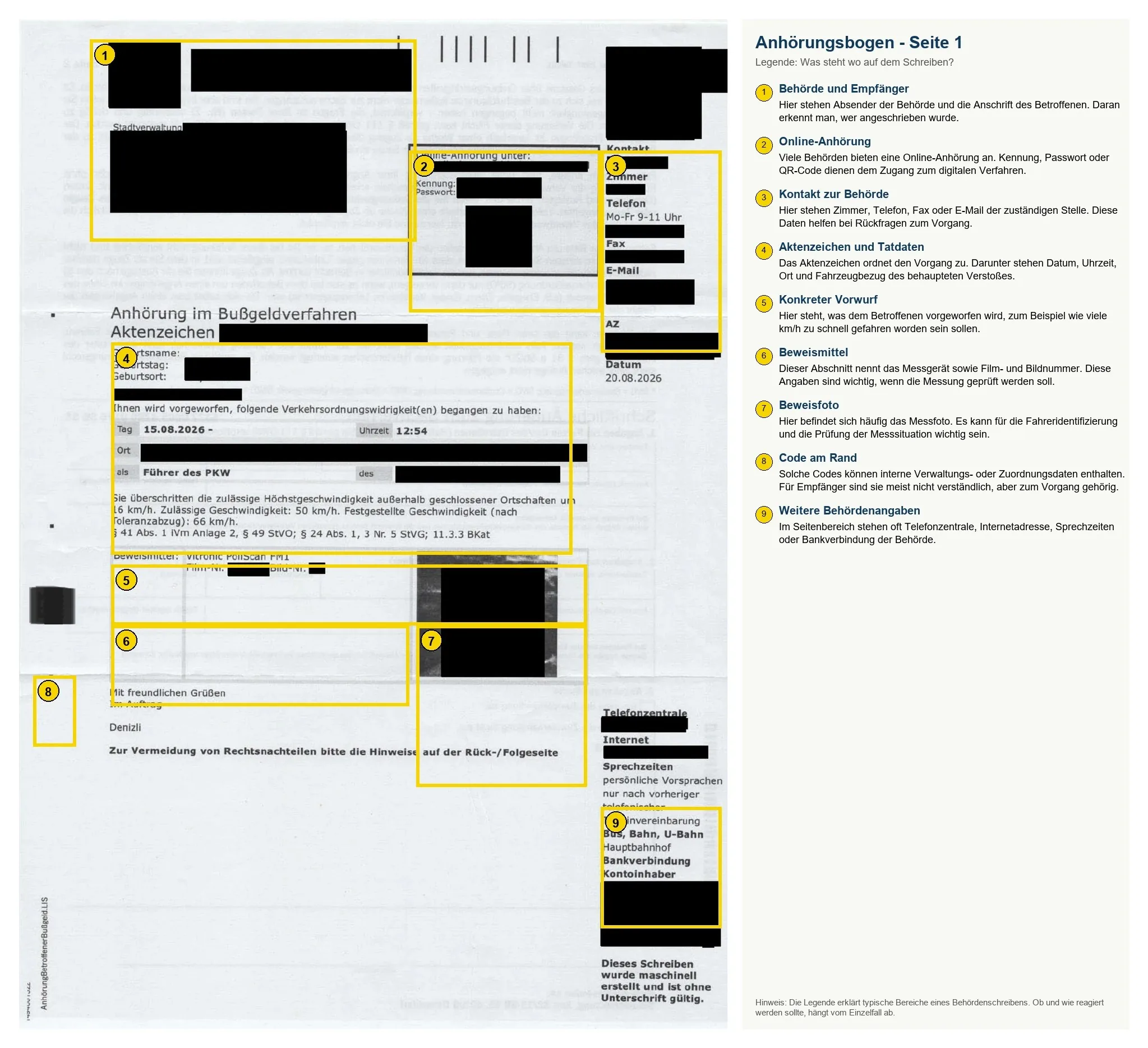 Erklärgrafik zur ersten Seite eines Anhörungsbogens mit Behörde, Tatdaten, Beweismitteln und Fahrerfrage