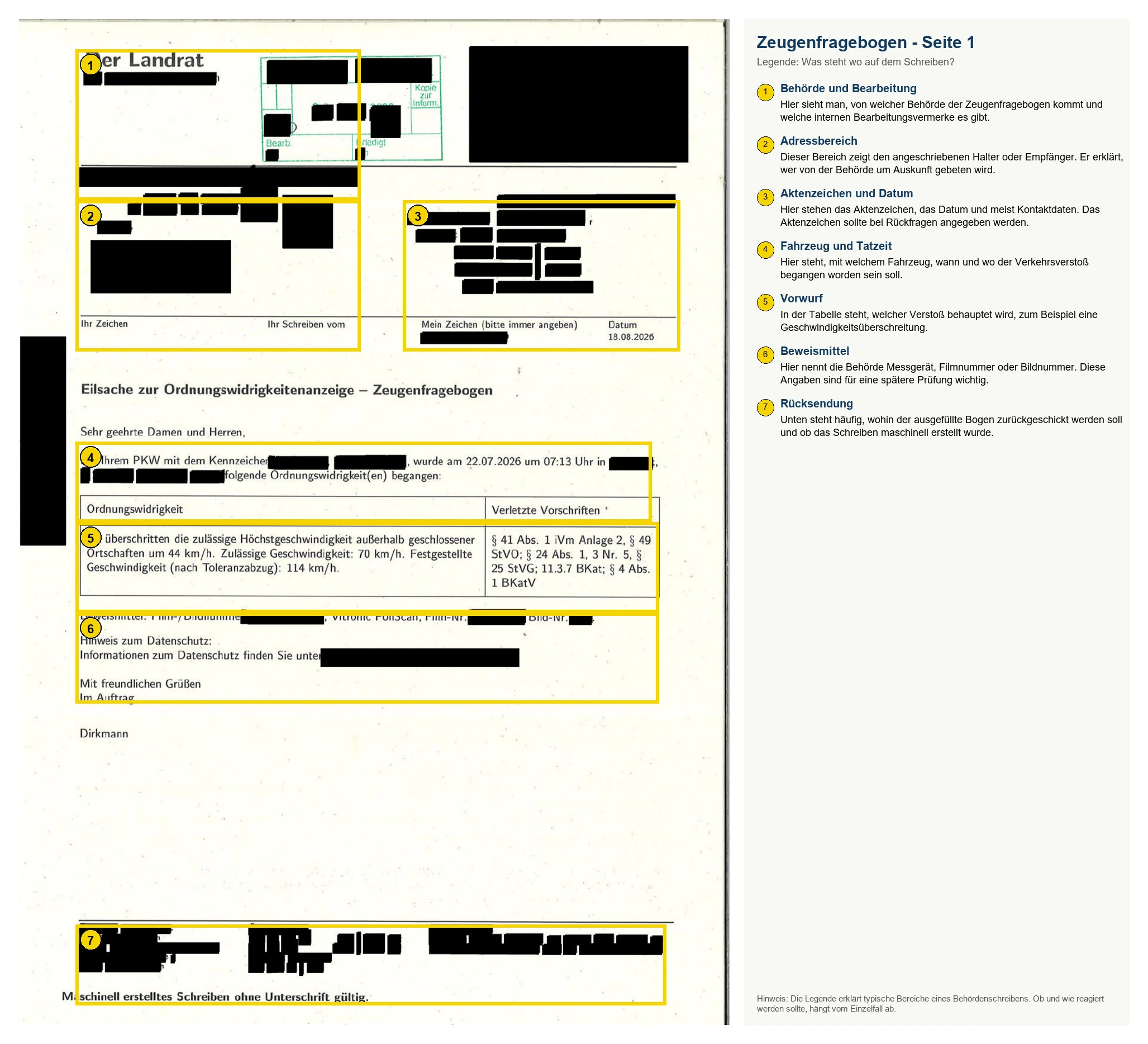 Erklärgrafik zur ersten Seite eines Zeugenfragebogens