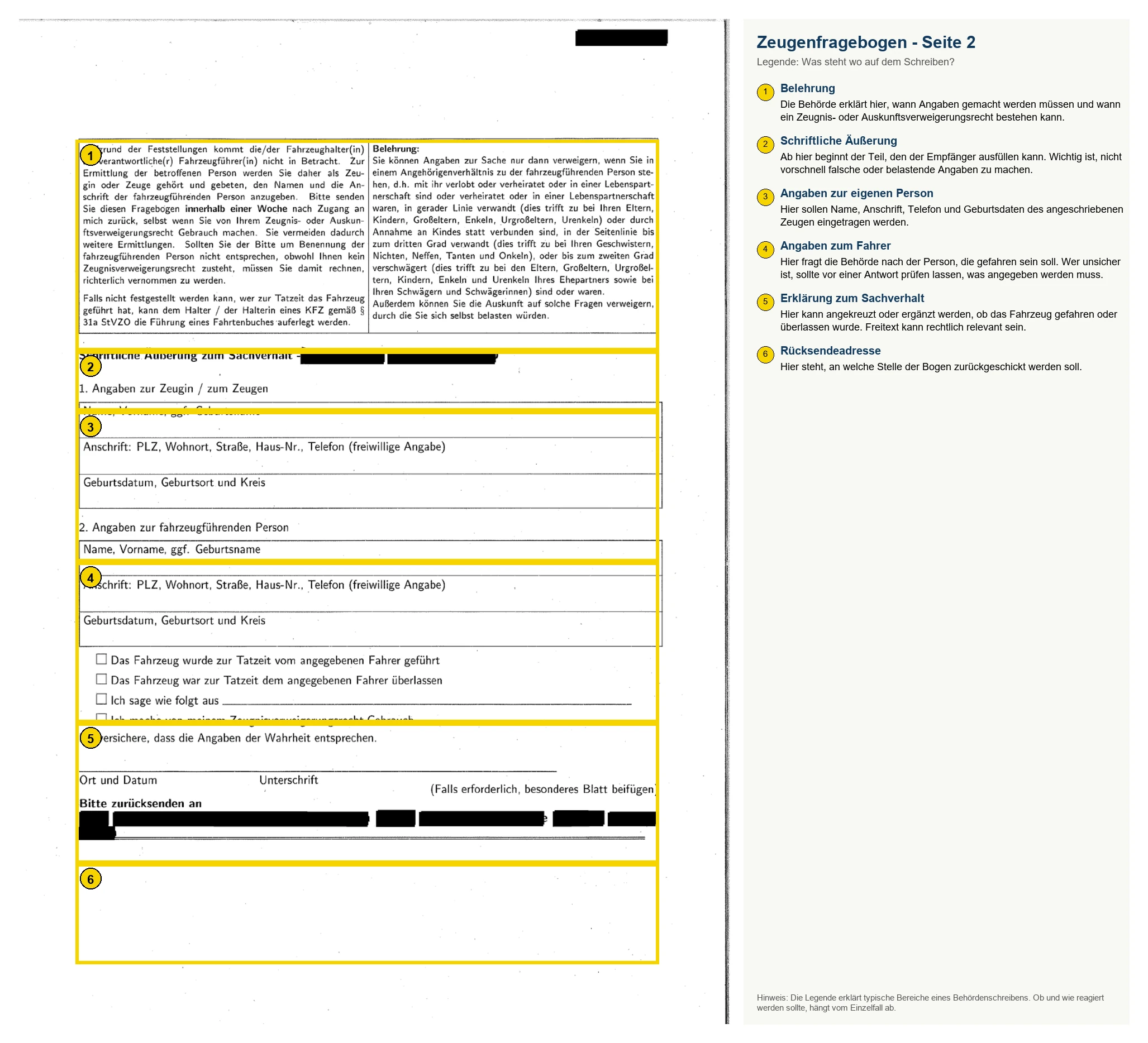 Erklärgrafik zur zweiten Seite eines Zeugenfragebogens