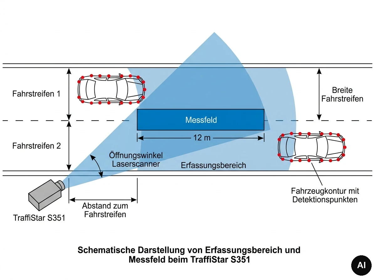 KI-generierte Darstellung des TraffiStar-S351-Erfassungsbereichs mit Messfeld