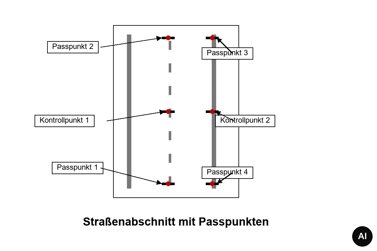 Schema eines Straßenabschnitts mit Passpunkten und Kontrollpunkten für VKS