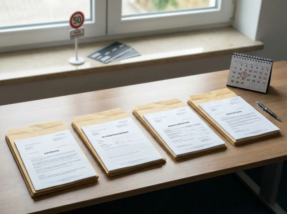 KI-generiertes Symbolbild zu Anhörungsbogen, Zeugenfragebogen und Bußgeldbescheid