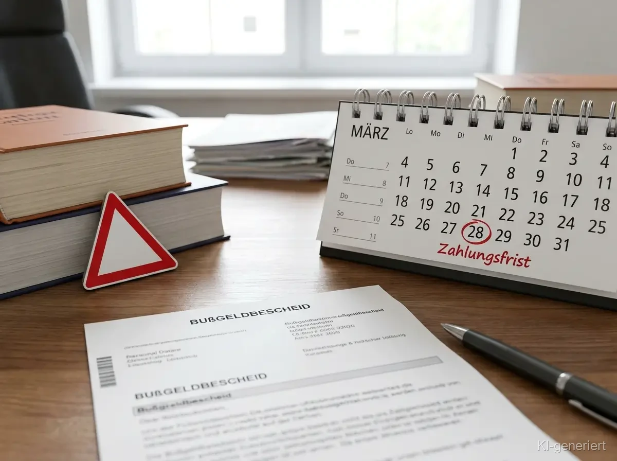 Bußgeldbescheid mit Frist und Unterlagen auf einem Schreibtisch